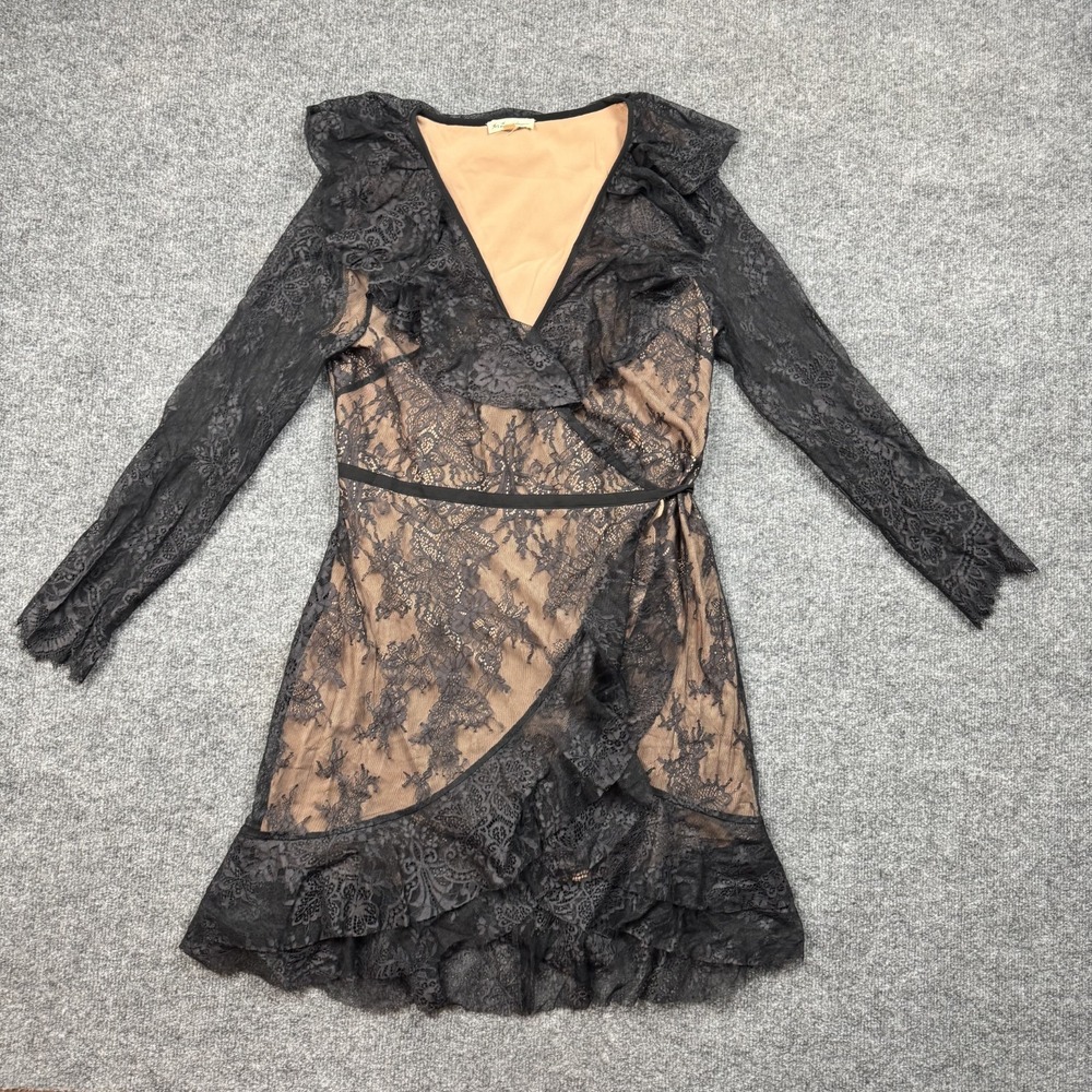 For Love And Lemons Womens Dress Medium Black Nude‎ Lace Ruffle Temecula Wrap